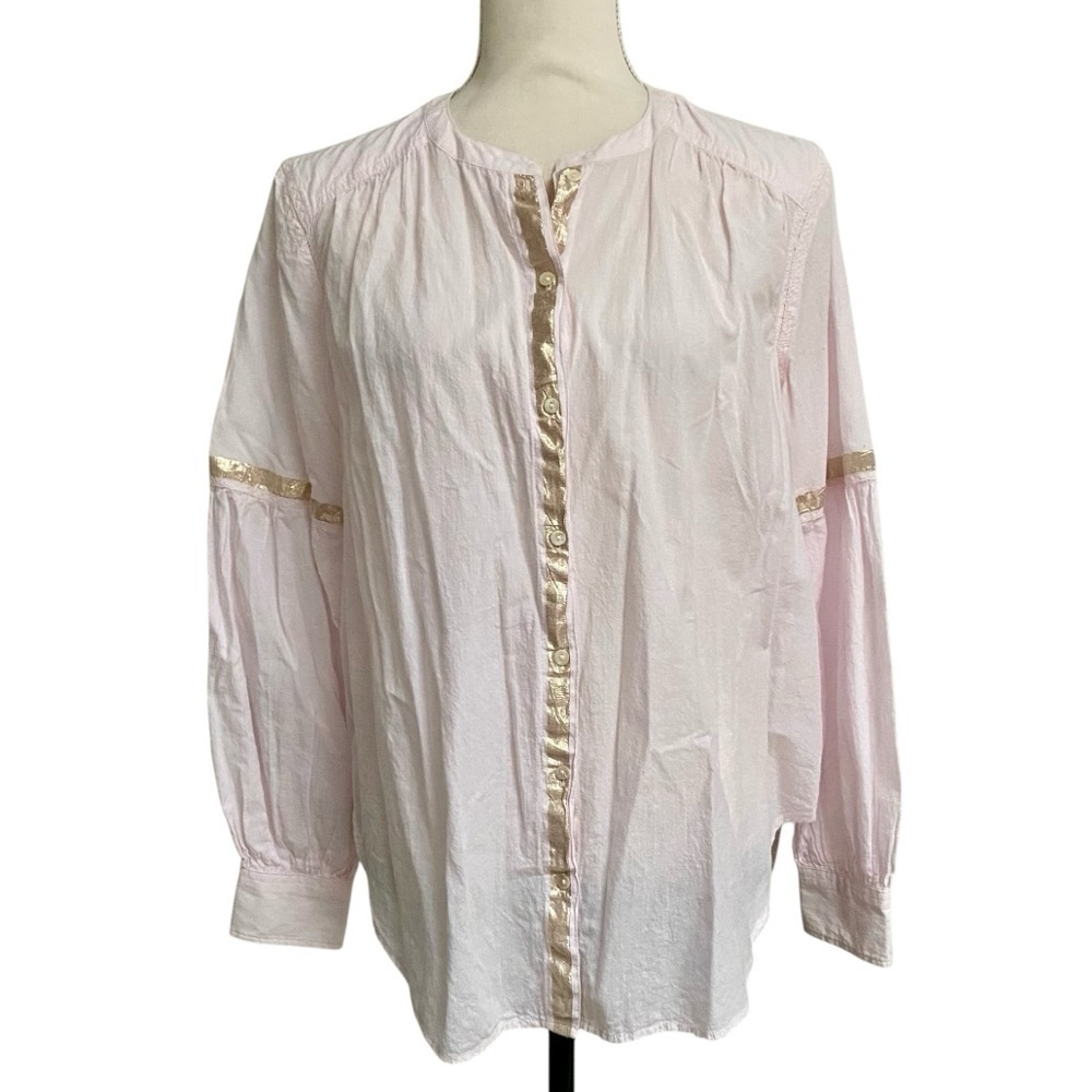 Free People Blush Pink Metallic Trim Cotton Button Down Blouse L Boho Top - Picture 2 of 16